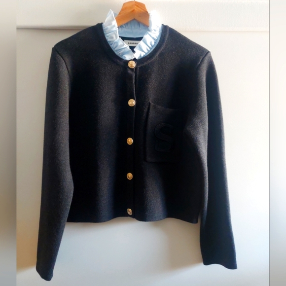 SANDRO Paris Knit Cardigan Embroidered Pocket CHARCOAL GRAY Nwot Wool - Picture 1 of 13